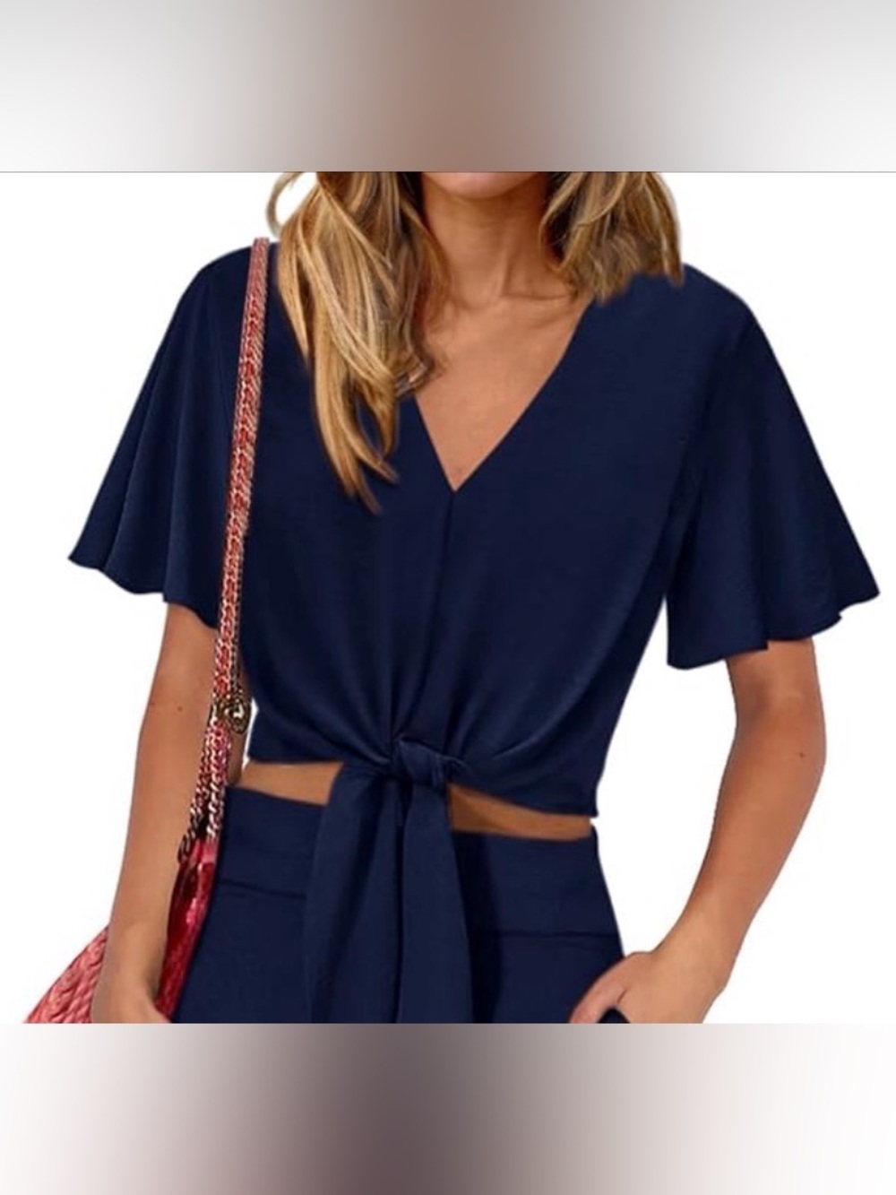 Tie-Front V-Neck Crop Top in Navy